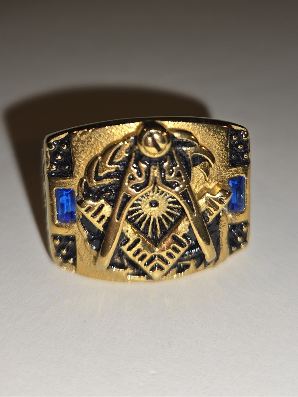 Gold Masonic Emblem Ring with Blue Stone Accents - Men's Jewelry